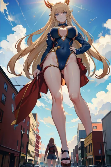 Giant Girl 50,000 feet high，Have a pair of long legs，Have a pair of huge breasts，Wearing a red bikini，With blond waist-length hair，Loose hair，Wear a pair of Mary Janes，Blonde curly hair，A face full of enjoyment，Standing tall in a crowded town, Wanton destr...