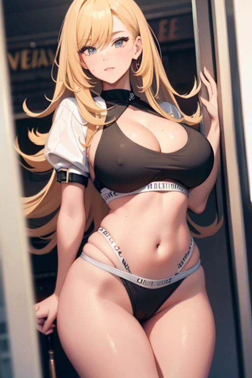 Hermosa chica rubia muy sexy con tetas muy pero que muy grandes, enormes y culo redondo y grande y solo con una camisa blanca abierta y con un tanga tiro de vaquero. Vista trasera. Fondo de habitacion de lujo