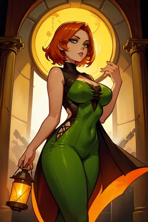 An orange haired female reaper with green eyes with an hourglass figure in a yellow jumpsuit is exploring a mauseleum with a lantern