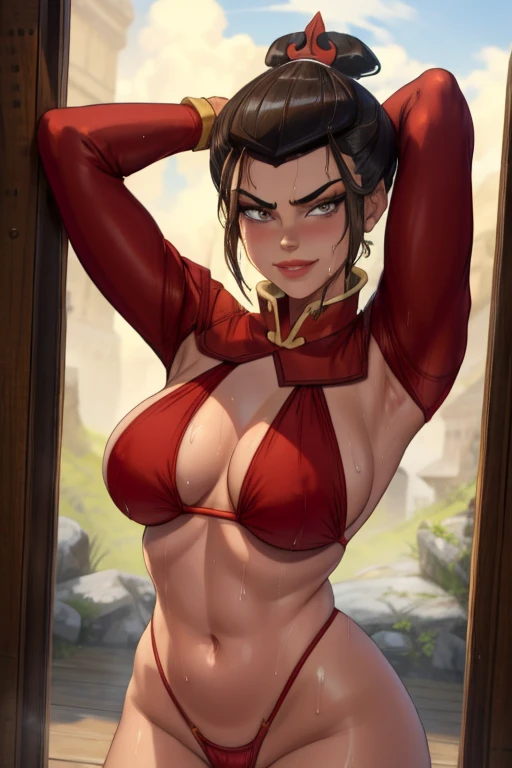 Beautiful, Masterpiece, Best Quality, extremely detailed face, perfect  lighting, Cowboy shot, 1girl, Azula, the perfect body, large butt,bikini, seductive, pomade, makeup, looking a viewer,smirk, wide thighs,hand on armpits,armpits,arm up,one hand behind ...