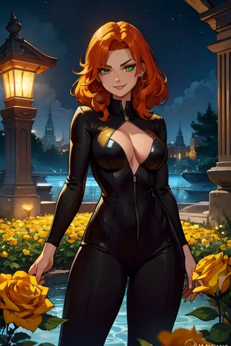 An orange haired female reaper with green eyes with an hourglass figure in a yellow jumpsuit is smiling in a sea of yellow roses in a garden at night