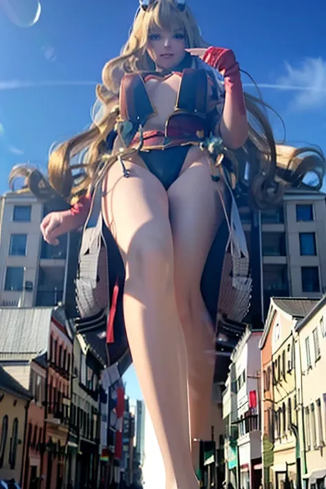 best quality, detailed face,Giant Girl 50,000 feet high，Have a pair of long legs，Have a pair of huge breasts，Wearing a red bikini，With blond waist-length hair，Loose hair，Wear a pair of Mary Janes，Blonde curly hair，A face full of enjoyment，Standing tall in ...