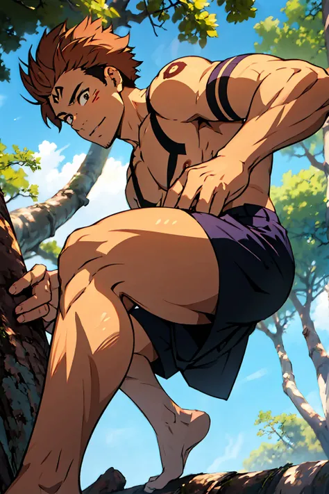 (canto da foto de baixo para cima) (imagem da mais alta qualidade) ，Photos taken from a lower perspective，Lion man ,real, jovem, , vestindo shorts, virilha saliente, imagem de anime, Leaning against a tree, pernas bem abertas, male face, bonito rosto jovem...