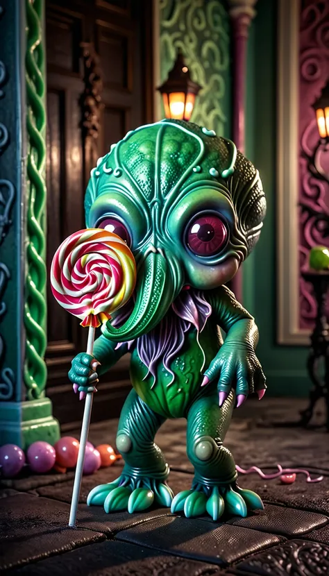 A baby Cthulhu with a large lollipop, whimsical horror, highly detailed, intricate, cinematic lighting, 8K, hyper realistic, photorealistic, dark fantasy, surreal, eerie, unsettling, soft pastel colors, warm tones, dramatic shadows, moody atmosphere