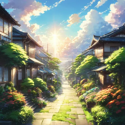 Meetinghouse、garden、Sky、sunny、White fluffy clouds、Residential Street,beautiful Anime Scenery, Landscape painting, Beautiful digital painting, Andreas Rocha, Beautiful artwork illustration, Awesome Wallpapers, Raymond Han, Tall beautiful paintings, Studio G...