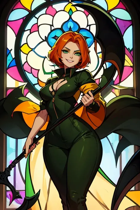 An orange haired female reaper with green eyes with an hourglass figure in a yellow jumpsuit is smiling in front of a stained glass window with her scythe