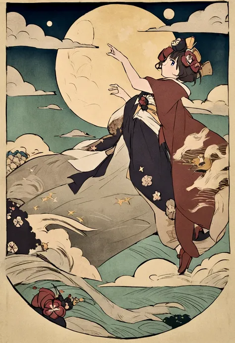 #aiartdaily Best quality, Hokusai style, Ukiyo-e, dancing cat girl, (moon viewing), flight, fun, solemn