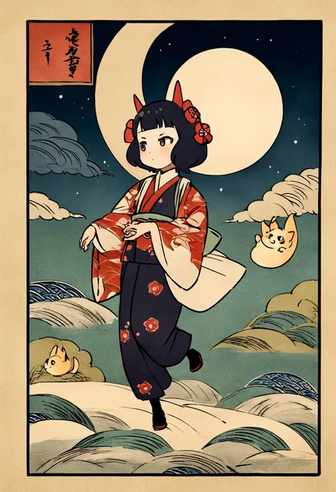 #aiartdaily Best quality, Hokusai style, Ukiyo-e, dancing cat girl, (moon viewing), flight, fun, solemn