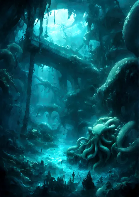 Cthulhu,Mythological Creatures,Tentacles,deep sea,dark,mystery,ancient,remains,mystery符号,mystery光芒,Underwater palace