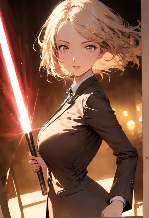 A lovely woman, business attire, confident stance, wielding a laser sword ramen advertisement obliterate your hunger
