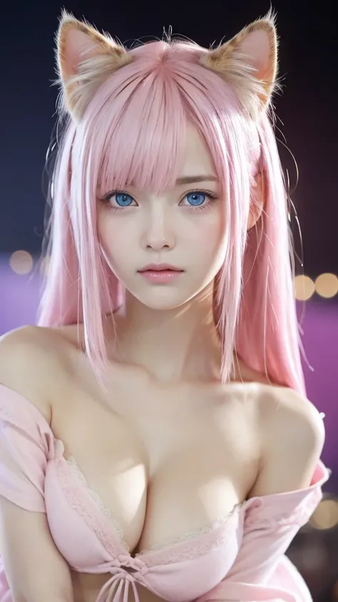 {{masterpiece}},{{highest quality}},Bokeh,Consciousness upward,1 perfect portrait of a girl, A fascinating eye for perfect detail), Colorful Hair, (pink soft hair:1.6), (Cat ear:1.3),Slim and tall figure, Fantasy purple background, {Exposed bare shoulders}...