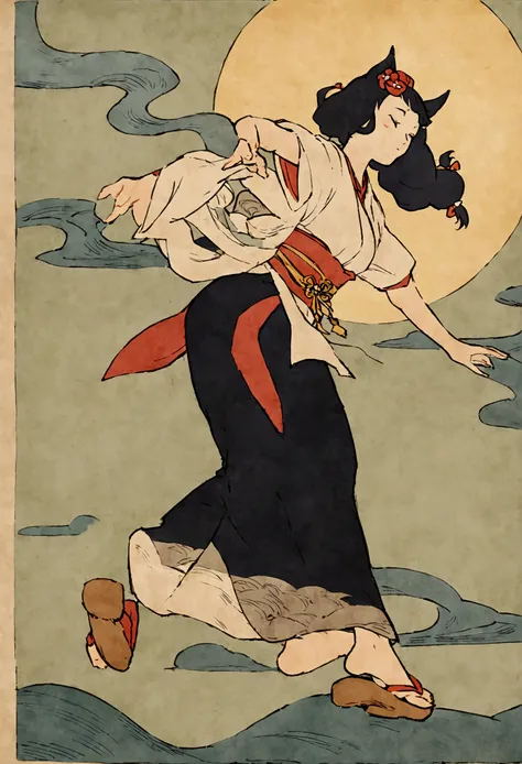 Ukiyo-e, rough texture of Japanese paper, aged, Hokusai style, dancing cat girl, (moon viewing), flight, fun, solemn