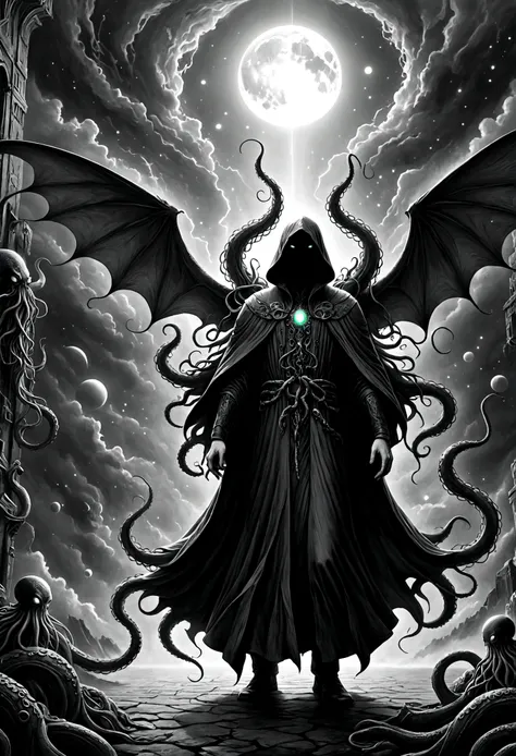 a terrifying ancient eldritch entity, cthulhu mythos, cosmic horror, long tentacles, wings, divine and demonic form, cloak, cont...