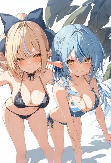 (masterpiece), (best quality), perfect face, beautiful girl, white background background, delicate and beautiful face and eyes, dark intense shadow, 
2 girl, vtuber style, cool girl, hololive, Shiranui Flare, Yukihana Lamy,  Elf ears, , bikini, wet body, b...