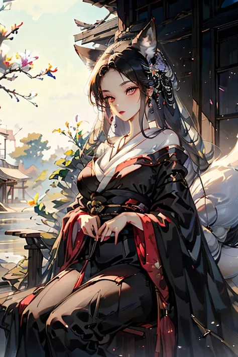 a black haired fox woman with violet eyes with an hourglass figure and black fox ears and a black fox tail in a pretty kimono is...