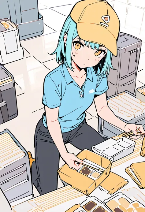 flat color,(best quality, masterpiece, ultra highres, ultra-detailed:1.2) , top-tier quality, tween girl,((There are too many beige disposable chopsticks on the floor)),plain Yellow cap,plain Sky-Blue Polo-Shirt,black pants,blank space,white background,Whi...