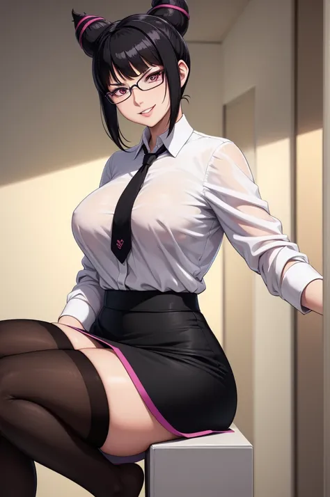 juri han, work of art, tight white secretary shirt with black tie, black high waist skirt, short skirt, short hair, black hair, black tights evil smile,oculos
