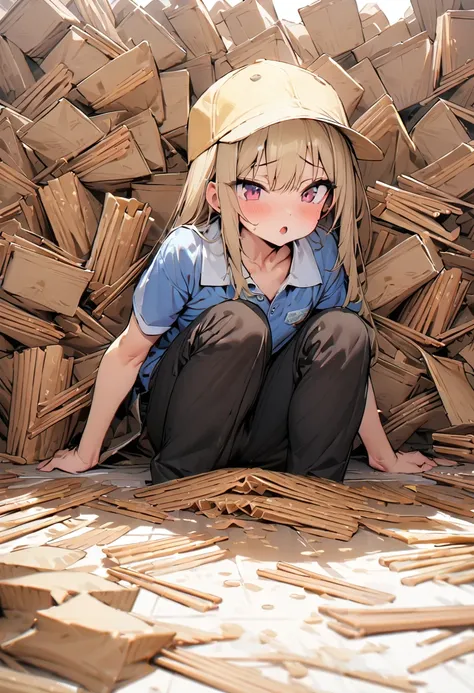 ((too many beige disposable chopsticks on the floor)),(best quality, masterpiece, ultra highres, ultra-detailed:1.2) , top-tier quality, tween girl,plain Yellow cap,plain Sky-Blue Polo-Shirt,black pants,blank space,white background,White floor,