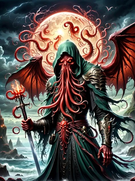 Bloody Cthulhu is extremely scary and weird，Cthulhu with sword，Mysterious Manzhu Shahua，hell门口盛开的血色鬼花，Blood-red tentacles guide the souls of the past，charm，Flirtatious，Strange，Gothic style，hell，Fantastic Creatures，Devilish scenery，Unforgettable environment...