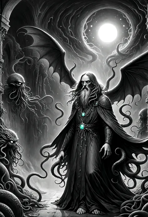 a terrifying ancient eldritch entity, cthulhu mythos, cosmic horror, long tentacles, wings, divine and demonic form, cloak, cont...