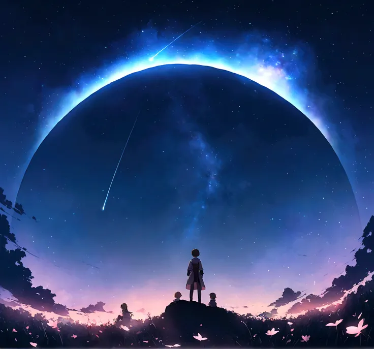 City of night、The sky is wonderful、meteor、3 year old little boy sitting on top of a building、Brown Hair、Back view、The city is bright with streetlights、Landscape Main、highest quality、Anime Scenery、Xin Haichen、building、Field、Milky Way 110207, distant 3 year ...