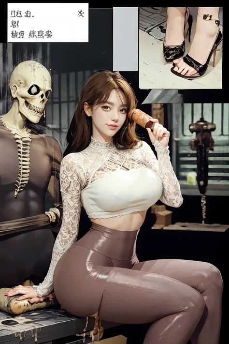 The beautiful girl in lace top and leggings is sitting astride a pile of skeletons in the center of the picture. She is holding a trembling sausage with juice squeezed out in her hand and smiling. There are multiple comic storyboards in the background，cbt,...