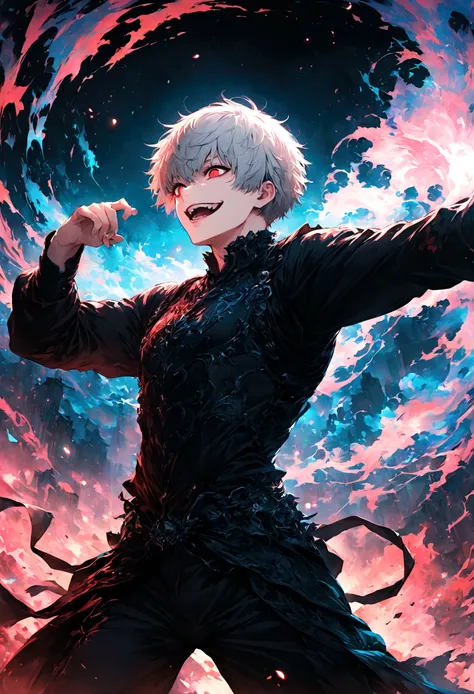 1 male,kaneki,tokyo ghoul,,midori ishida's painting style,intricate details,use black and white as your main colors,decadent,art...