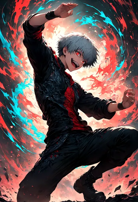 1 male,Kaneki,Tokyo Ghoul,,Midori Ishidas painting style,Intricate details,Use black and white as your main colors,Decadent,artwork,rendering,Dynamic pose,(masterpiece:1.3),(highest quality:1.4),(Super detailed:1.5),High resolution,Very detailed,unity 8k w...