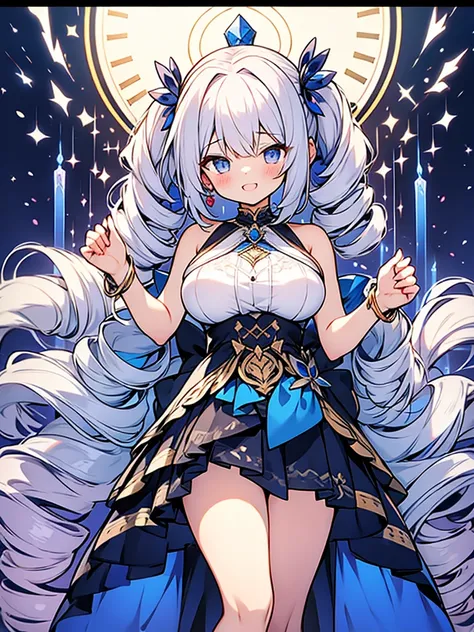 Goddess of Love and War,silver big volume ultra long (((wide curl twin-drill))) hair,impossibly big breasts,Lapis Lazuli Dress,laugh,hyper kawaii loli girl,