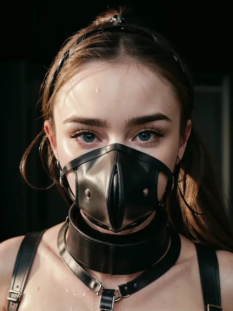 (sabrina carpenter, bdsm, bondage, muzzle covering mouth, drool dripping, drool dangling, breathplay,) cleavage, 8k, drool on ch...