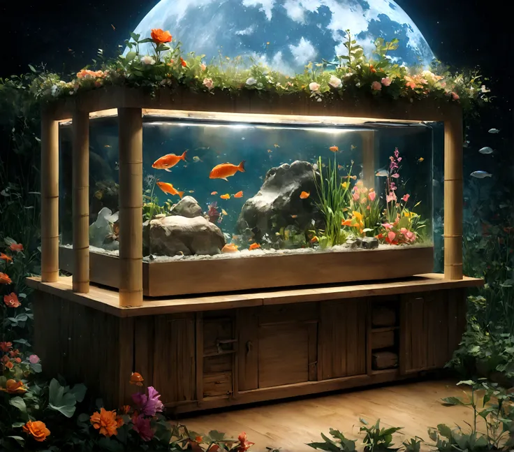 create a bamboo house, ultrarealistic, moons, fish tank, 4k, gras, flowers, oven