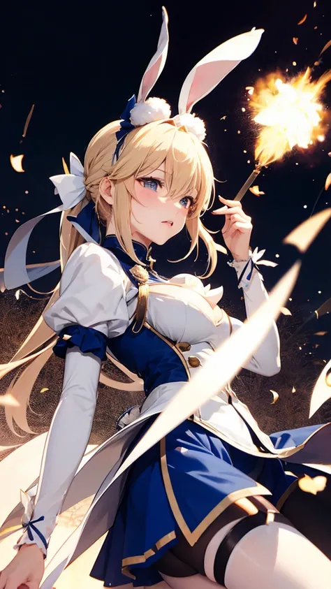 Rabbit Arturia&#39;s hairstyle, Costume Rabbit Artoria, One girl, Pectoral muscle, alone, Blonde Hair, Green Eyes, French Braidings, Long Hair, Big ample breasts, Cleavage, ponytail, Side Lock, Bans, belly button, Looking up at the viewer, Bare shoulders, ...