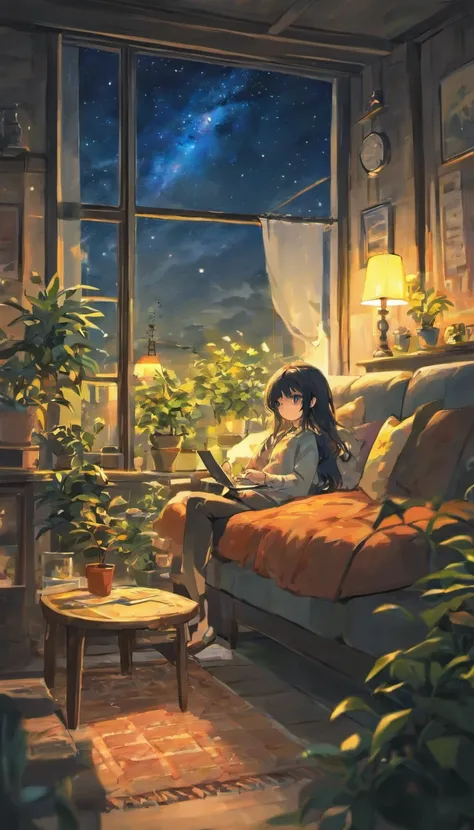 Wearing knitted clothes、living room、sofa、window、curtain、Night Sky、Potted plants、table、cupboard、Bookshelf、paper、Desk lamp、Typewriter、 sitting on sofa、Long black hair、