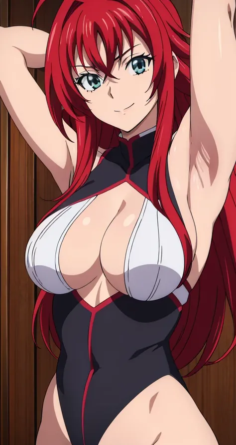 (((picture perfect))), (absurdres), 1girl, solo, rias gremory, looking at viewer, smile, (((upper body))), arms up, armpits visible, detailed armpits