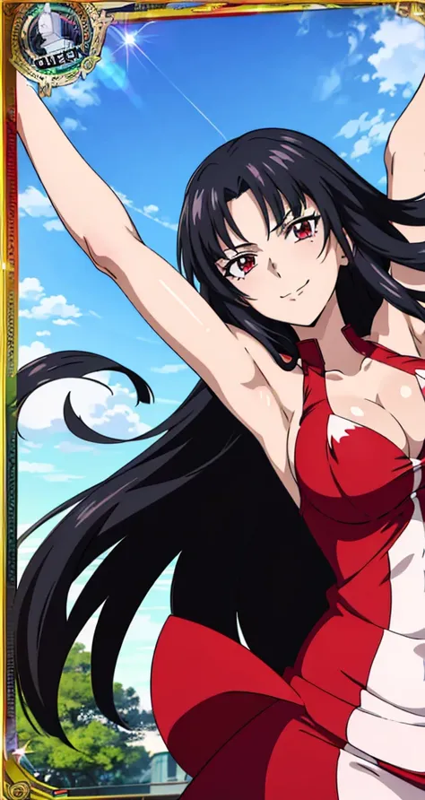 (((picture perfect))), (absurdres), 1girl, solo, rias gremory, looking at viewer, smile, (((upper body))), arms up, armpits visible, detailed armpits