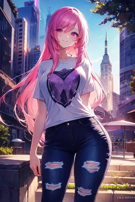 A pink haired female reaper with violet eyes and an hourglass figure in a cool t-shirt and jeans is smiling in the early morning light in a park