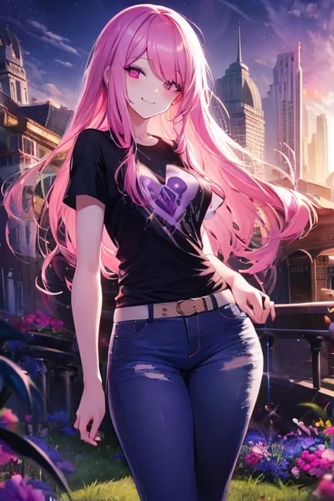 A pink haired female reaper with violet eyes and an hourglass figure in a cool t-shirt and jeans is smiling in the early morning light in a park