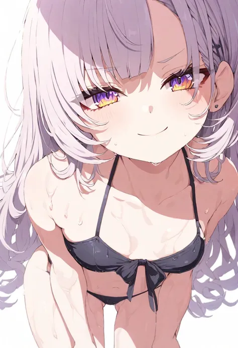 (masterpiece), (best quality), perfect face, beautiful girl, white background background, delicate and beautiful face and eyes, dark intense shadow, 
1 girl, vtuber style, cool girl, hololive, Murasaki Shion, bikini, wet body, small chest, cropped shoulder...