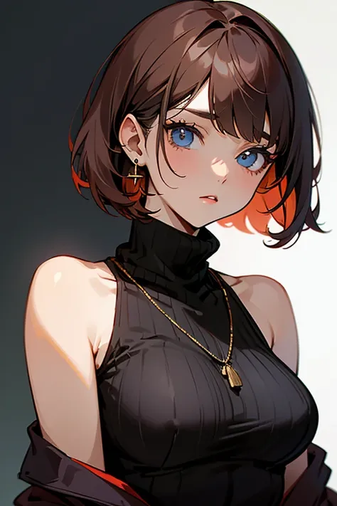 Black turtleneck、No sleeve、Lightweight cardigan、Beauty、tits、Bobcut、No sleeve、Shoulder Bare、Beautiful clavicle、Reddish brown hair、Earrings、necklace