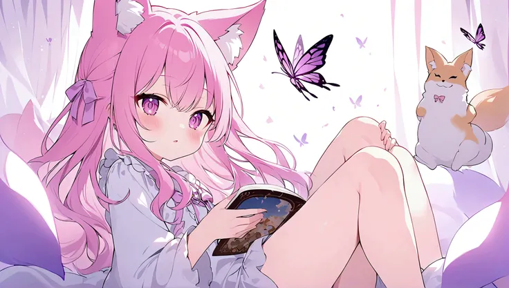 pink violet hair，fox ear，Pink, purple and white clothes，Cute sweet girl，butterflys