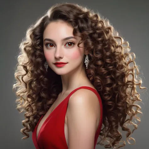 [white-skinned woman:1.2, long curly hair:1.2, elegant red dress, snub-nosed, bright brown eyes], portrait)