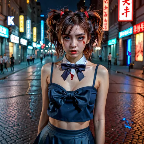 (8k, RAW photo, masterpiece:1.3), (realistic, photo-realistic:1.37), (night), (looking at viewer:1.331), (bloody hair), posing, Moscow street, nightcityscape, cyberpunk city, soft light, topless girl, extremely beautiful face, bust, put down hands, Random ...