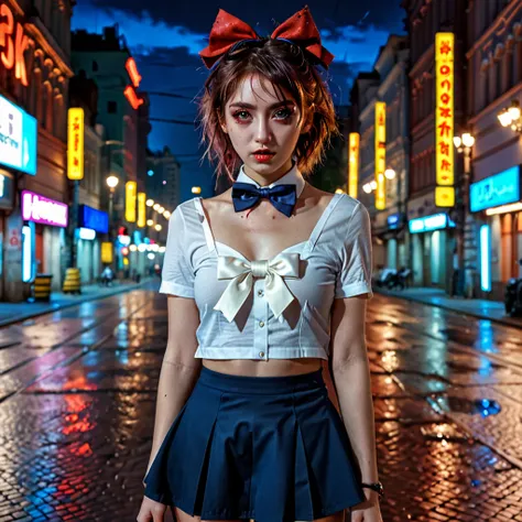 (8k, RAW photo, masterpiece:1.3), (realistic, photo-realistic:1.37), (night), (looking at viewer:1.331), (bloody hair), posing, Moscow street, nightcityscape, cyberpunk city, soft light, topless girl, extremely beautiful face, bust, put down hands, Random ...