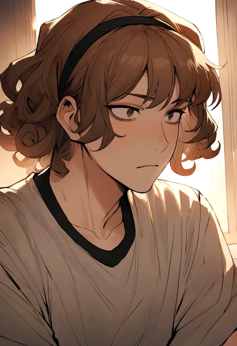 ((best quality)), ((masterpiece)), (detailed), man, 30s, Webtoon writer, hair band, Curly hair, brown hair