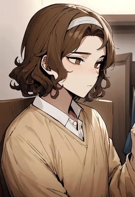 ((best quality)), ((masterpiece)), (detailed), man, 30s, Webtoon writer, hair band, Curly hair, brown hair