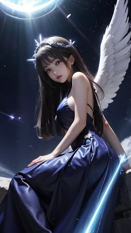 The dark magician girl is an eight-winged angel，There is a dazzling halo above the angel&#39;head, The background of the image is the sky. dark wizard angel. celestial art. Super detailed. Photo quality. A Passport to Subjectivity and Sensibility