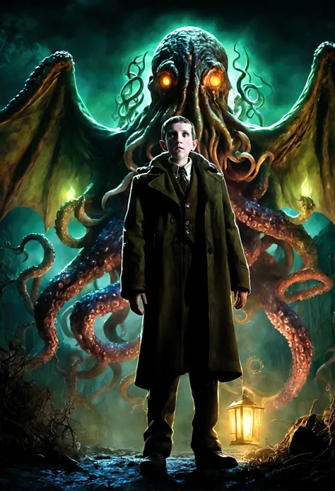 1boy, Cthulhu, The Call of Cthulhu, eldritch horror, old god, dark fantasy, cosmic horror, creature, monster, tentacles, wings, glowing eyes, detailed anatomy, unspeakable abomination, nightmarish, twisted, grotesque, surreal, dark colors, moody lighting, ...