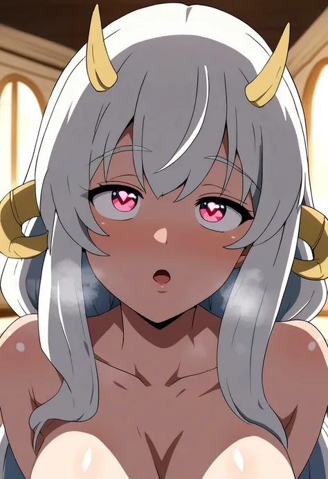 dragon horns, heart-shaped pupils, heavy breathing, white hair, first-person view, anime style, tachi-e