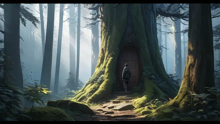 1 boy in a forest,doppelganger behind a tree,eerie atmosphere,anime,detailed character,detailed environment,(best quality,4k,8k,highres,masterpiece:1.2),ultra-detailed,(realistic,photorealistic,photo-realistic:1.37),HDR,UHD,vivid colors,dramatic lighting,m...