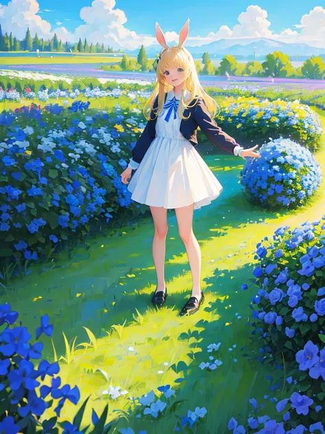 Blue sky, flower garden, castle, one girl, blonde hair, bangs, rabbit ears, light blue and white dress, smile with mouth closed, black loafers, standing pose, top quality, high definition, super fine, highest_detail